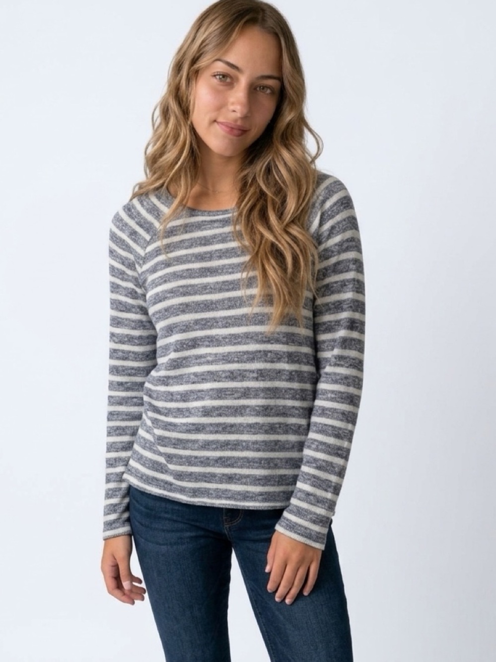 aerie Striped Crewneck Sweater in Gray and White
